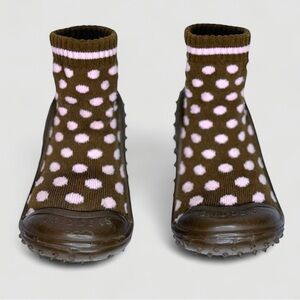 Skidders Brown Baby Shoes with Pink Polka Dots Size 8 / 24M Walker